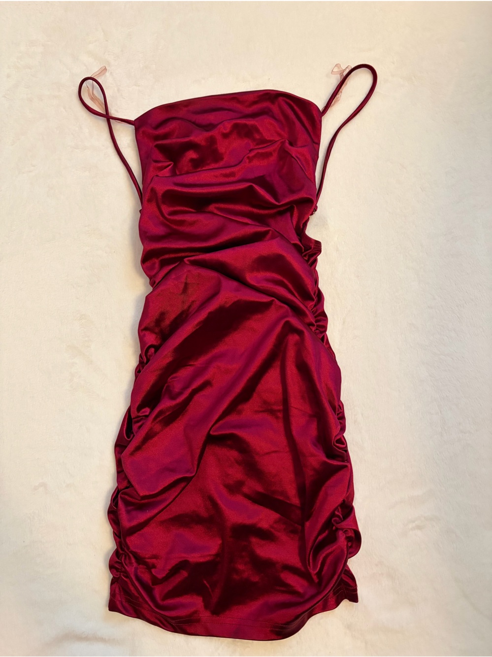 Red Satin Ruched Slip Dress - Women